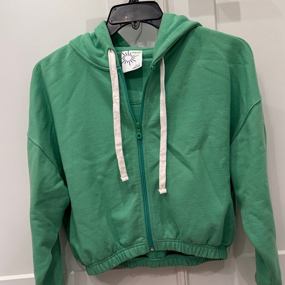 Aerie Green Cropped Zip-Up Hoodie